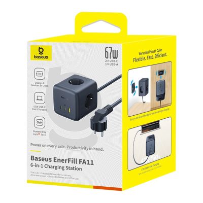 8. Listwa zasilająca Baseus EnerFill FA11 67W kostka USB-A + USB-C + 3 x gniazdo EU 1,5m - czarna