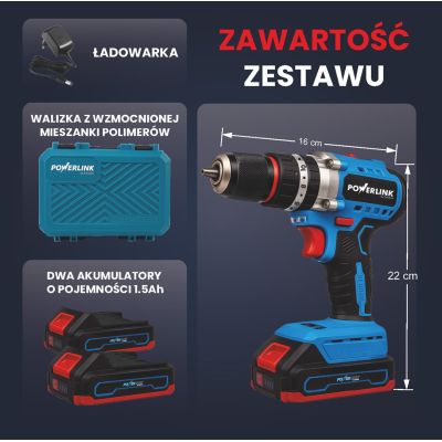18. EXTRALINK POWERLINK Akumulatorowa wkrętarka PWL-CD1002C 10MM 20V 2X1,5AH