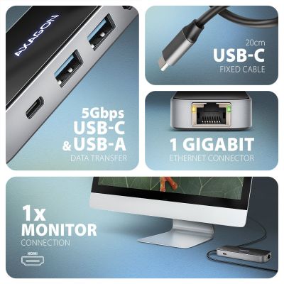 5. AXAGON HMC-6GLN Hub USB, 2x USB-A, 1x USB-C, 1x HDMI 2.0, 1x RJ45, 100 W PD – srebrny