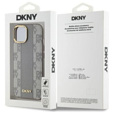 8. Etui DKNY Leather Checkered Mono Pattern MagSafe na iPhone 15 Plus - beżowe