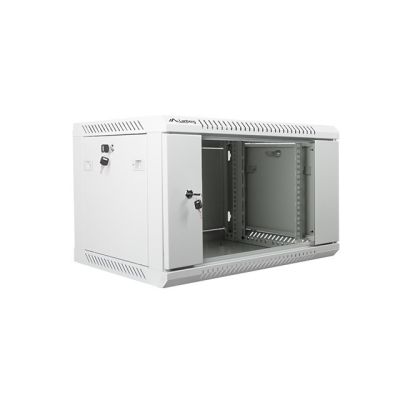 6. Szafa jednosekcyjna, zamykana na zamek Lanberg WF01-6406-10S (6U; 368mm / 600mm / 450 mm; wisząca; Szklane; 19''; kolor szary)