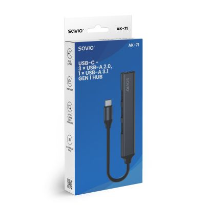 4. SAVIO HUB USB-A - 3 X USB-A 2.0, 1 X USB-A 3.0, SZARY AK-70