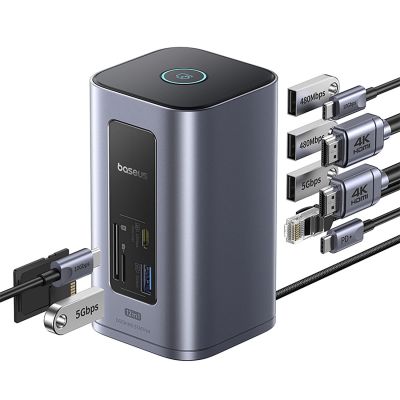 4. Stacja dokująca Baseus NU1 Air Spacemate hub 12w1 USB-C - 2xHDMI 4K@60Hz 2xUSB-C 10Gb/s 2xUSB-A 5Gb/s 2xUSB-A (480Mb/s) RJ45 SD/microSD 3.0 USB-C (PD) - szara