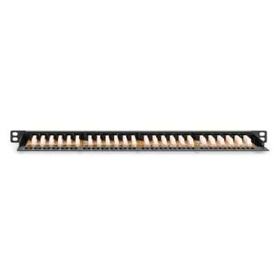 18. Digitus Panel krosowy (patch panel) high density 19'' 24x RJ45, LSA poziom, kat.6, nieekranowany, 0.5U, czarny, prowadnica kabli