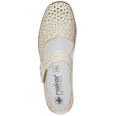 17. Skórzane półbuty damskie na rzep ażurowe beżowe Rieker 41399-14