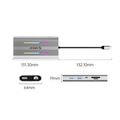 2. Stacja dokująca USB-C Orico XDR 12w1 RGB USB-A USB-C 2x HDMI 4K 60 Hz DisplayPort 4K 60 Hz RJ45 Gigabit PD 100 W czytnik kart SD i microSD - srebrna