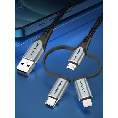 8. Kabel Vention USB-A  3w1 Micro-B USB-C Lightning 1m szary
