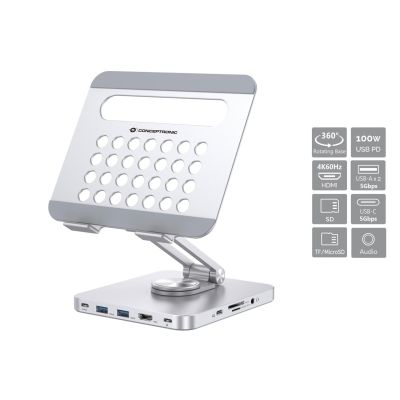 Uchwyt na tablet CONCEPTRONIC ze stacją dokującą 8 w 1 srebrny