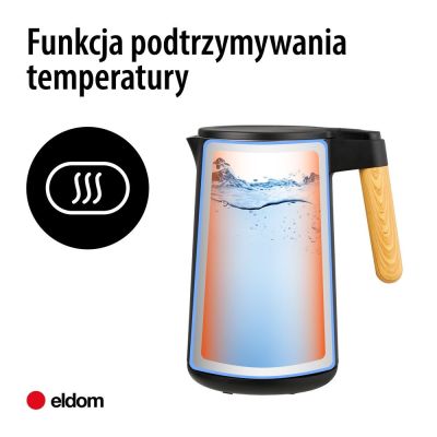 6. ELDOM CZAJNIK BEZPRZEWODOWY Z REGULACJĄ TEM. C550 CZARNY 5 ZAPISANYCH PROGRAMÓW: 40, 70, 80, 90, 100°C (TWORZYWO + STAL SZLAC