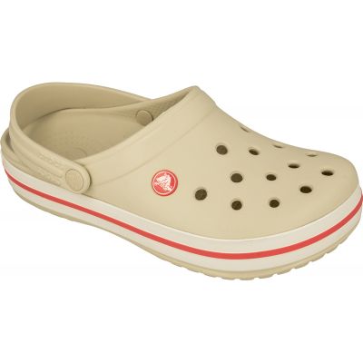 Klapki Crocs Crocband W 11016 w kolorze beżowym z elementami w odcieniu białym i różowym, materiał Croslite, otwory na ozdoby Jibbitz