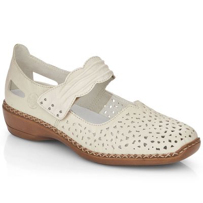 13. Skórzane półbuty damskie na rzep ażurowe beżowe Rieker 41399-14