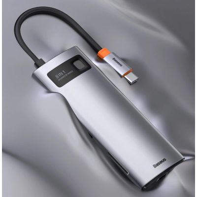 22. Hub Baseus Metal Gleam 8w1 USB-C - USB-C PD 100W 1x HDMI 4K 30Hz 1x czytnik kart SD i microSD 3x USB-A 3.2 1xRJ45 - szary