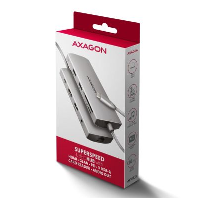 9. AXAGON HMC-8HLSA Wieloportowy koncentrator USB-C 3.2 Gen 1, 3x USB-A + 4K/60Hz HDMI + SD/microSD, Gigabit LAN, Audio, PD 100W - Srebrny