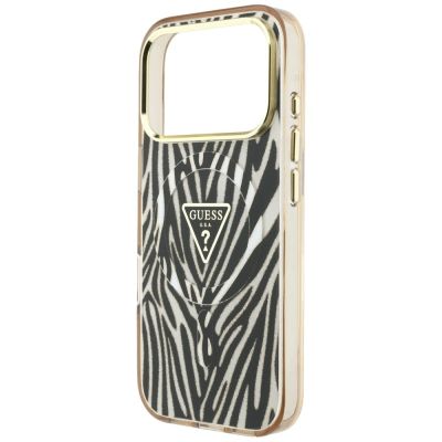 6. Etui Guess IML Zebra Glitter Triangle Logo MagSafe na iPhone 17 Pro Max / 18 Pro Max - złote