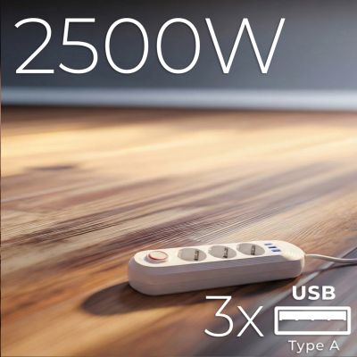 14. MACLEAN LISTWA ZASILAJĄCA, PRZEDŁUŻACZ 3 GNIAZDA + 3XUSB, 110-240V AC 50/60HZ, 2.1A MAX 2500W, 1,5M, BIAŁA MCE394 W