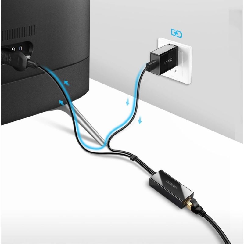 7. Karta sieciowa Ugreen 30985 zewnętrzna do Chromecast ze złączami micro USB / USB-A 100Mb/s 1m - czarna