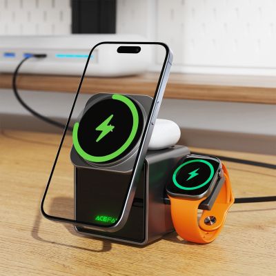 6. Ładowarka indukcyjna Acefast E34 22,5W 3w1 z wbudowanym kablem na smartfon słuchawki smartwatch - szara