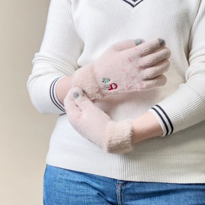 3. Rękawiczki zimowe do telefonu damskie z bałwankiem i choinką - beżowe