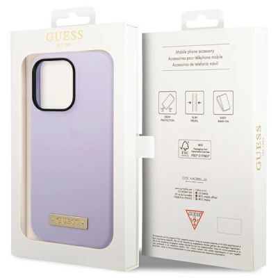 8. Etui Guess Silicone Logo Plate MagSafe na iPhone 14 Pro - fioletowe