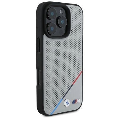 4. Etui BMW M Perforated Tricolor Line MagSafe na iPhone 16 Pro - szare