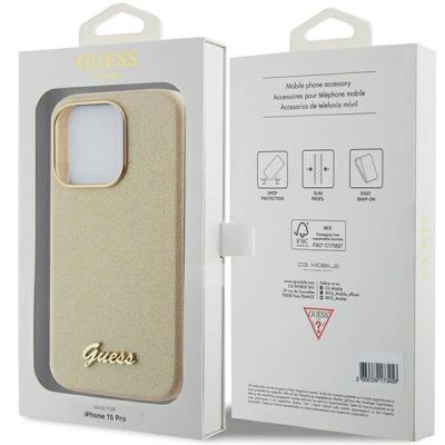 8. Etui Guess Glitter Glossy Script do iPhone 15 Pro - złote