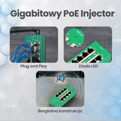 15. Extralink Gigabit PoE Injector 4 Portowy Aktywny, 4 porty Gigabit 802.3at/af, Mode A