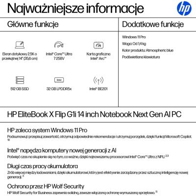 13. HP EliteBook X G1i Flip Ultra 7 258V 14"2.5K Touch 800nits 120Hz AG 32GB LPDDR5x-8533 SSD512 Intel Arc Cam IR 5 Mpx AI 68Wh W11Pro Blue Alu 3Y OnSite