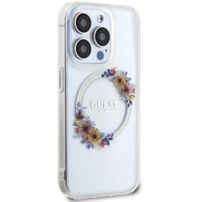 4. Etui Guess IML Flowers Wreatch MagSafe na iPhone 15 Pro Max - przezroczyste