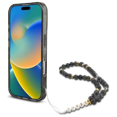 4. Etui Guess IML Glitter With Pearl Strap MagSafe na iPhone 16 - czarne