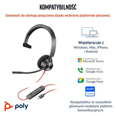 8. Słuchawki Poly Blackwire 3310 Mono Microsoft Teams USB-C