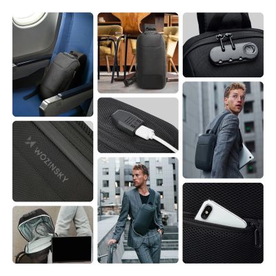 2. Plecak miejski Wozinsky Premium na jedno ramię, antykradzieżowy z organizerem i USB - czarny
