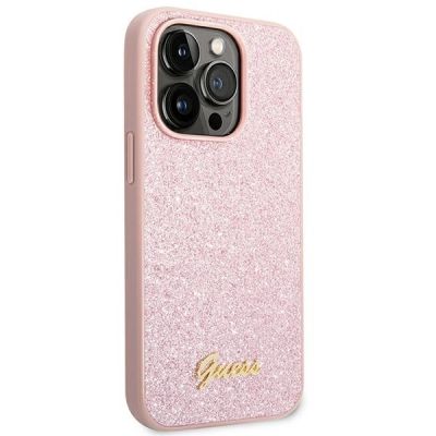 4. Etui Guess Glitter Script na iPhone 14 Pro - różowe