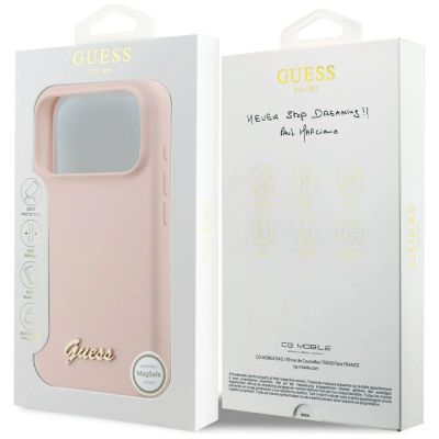 8. Etui Guess Silicone Script Metal Logo MagSafe na iPhone 17 Pro - różowe