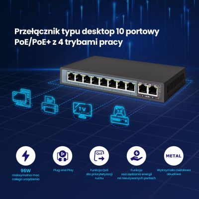 4. EXTRALINK CERES 8 PORTOWY SWITCH POE 48V 10/100MB 802.3AF 15,4W NA PORT