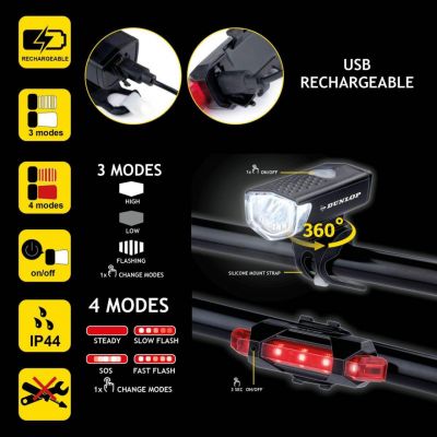 3. Zestaw lampek rowerowych Dunlop Led, ładowanie USB, tył+przód 473758