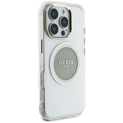 4. Etui Guess IML Metal Colored Circle Classic Logo MagSafe na iPhone 16 Pro Max - szare