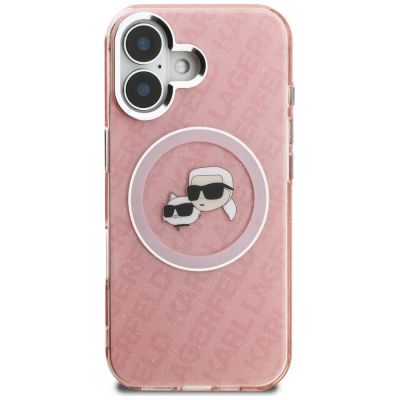 3. Etui Karl Lagerfeld IML Glitter Karl & Choupette Heads Logo MagSafe na iPhone 16 - różowe