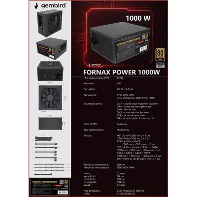 14. GEMBIRD ZASILACZ KOMPUTEROWY FORNAX POWER 1000W 80+ GOLD ATX, 1000W, AKTYWNE PFC, 12CM WENTYLATOR