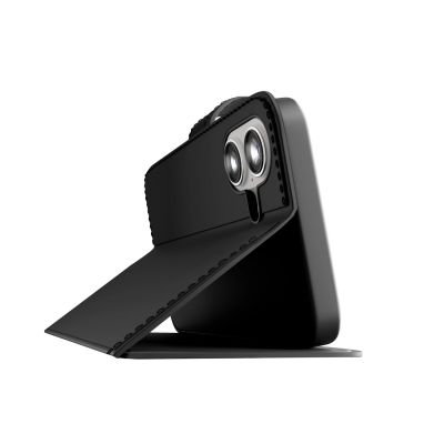 4. Etui Puro Wallet Stand na iPhone 17 z ekoskóry, z klapką, portfelem i funkcją podstawki - czarne