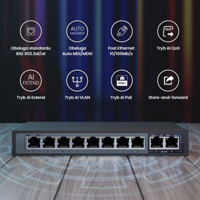 12. Extralink Switch PoE CERES 8x 100Mb/s PoE/PoE+, 2x RJ45 Uplink 100Mb/s, 96W