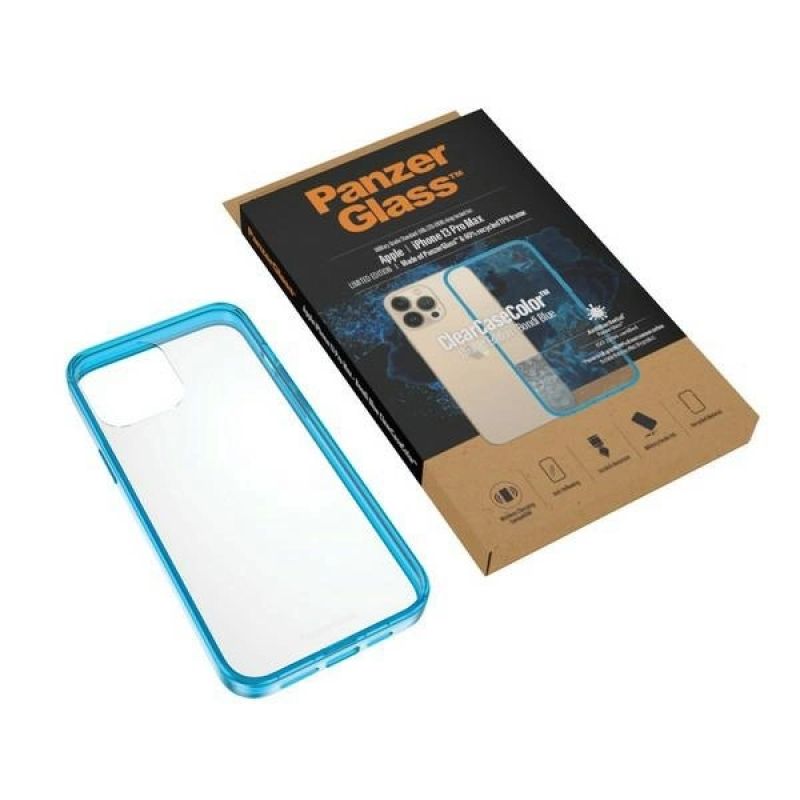 5. Etui PanzerGlass ClearCase antybakteryjne z certyfikatem Military Grade na iPhone 13 Pro Max - przezroczysto-niebieskie