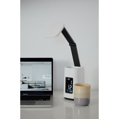 6. Nowoczesna lampka na biurko LED Activejet TECHNIC biała z wyświetlaczem LED (data, godzina, budzik) składana