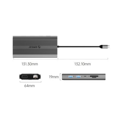 3. Stacja dokująca USB-C Orico XDR 12w1 USB-A USB-C HDMI 4K VGA RJ45 Gigabit PD 100W czytnik kart SD i microSD - szara