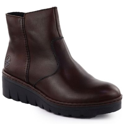 Skórzane botki damskie na koturnie brązowe Rieker X9165-27