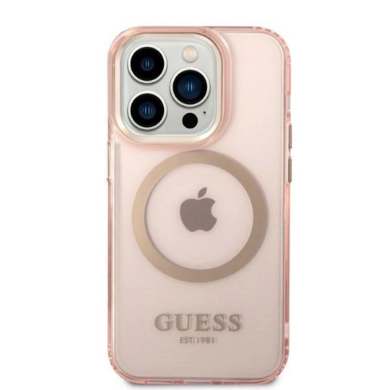 3. Etui Guess Gold Outline Translucent MagSafe na iPhone 14 Pro - różowe