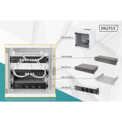Zestaw sieciowy 10": szafa wisząca 6U, półka, listwa zasilająca, 8-port switch, panel kat.6, szary