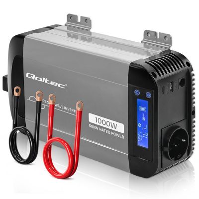 2. Qoltec Przetwornica napięcia Pure Sine Wave | 12V na 230V | 500/1000W | LCD | USB | USB-C | Kompatibilność z LiFePo4 GEL AGM