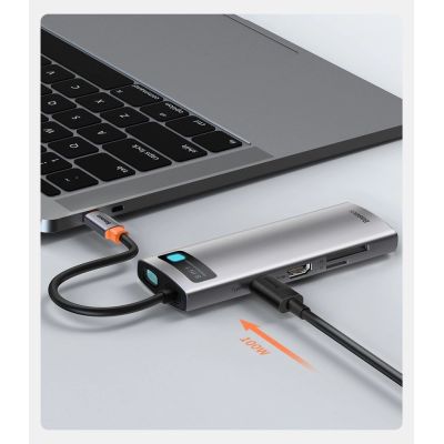 15. Hub Baseus Metal Gleam 8w1 USB-C - USB-C PD 100W 1x HDMI 4K 30Hz 1x czytnik kart SD i microSD 3x USB-A 3.2 1xRJ45 - szary