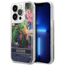 Etui Guess Flower Liquid Glitter na iPhone 14 Pro - niebieskie