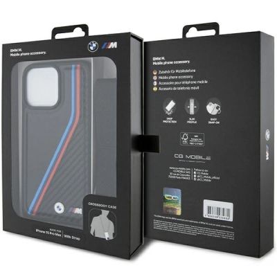 7. Etui BMW M Edition Carbon Tricolor Lines & Strap na iPhone 15 Pro - czarne